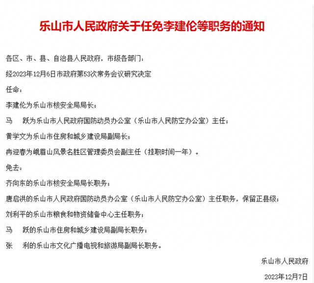 乐山最新干部任免名单,“乐山最新干部职务调整公告”